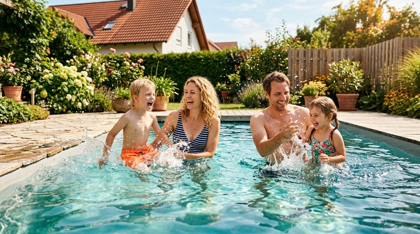 Familie planscht im privaten Salzwasserpool